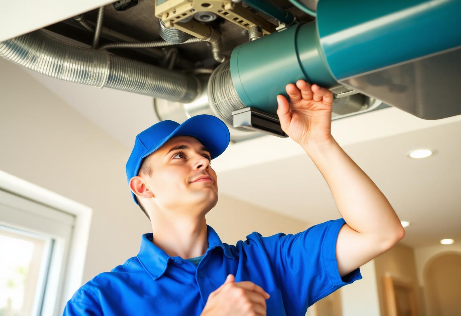 HVAC technician inspecting an air duct in a La Quinta home
